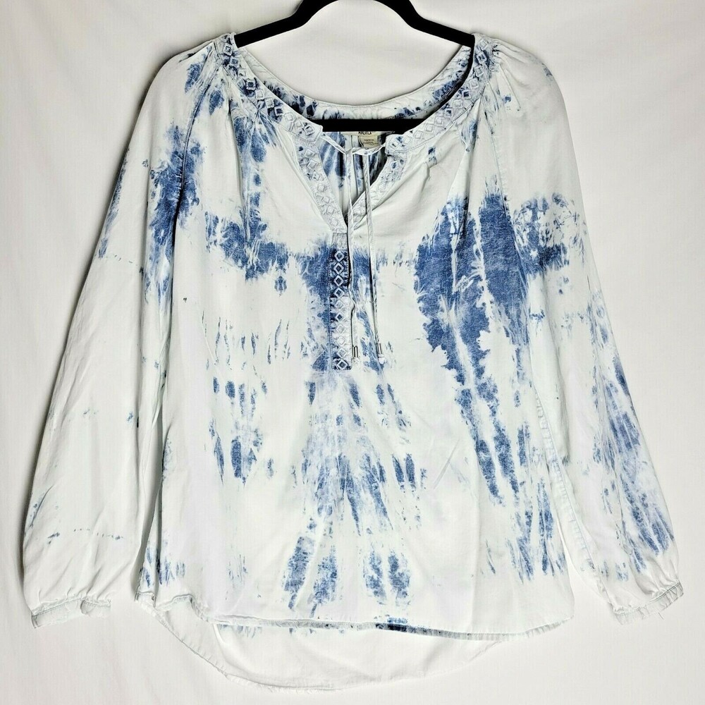 Vintage America Women's Blouse Blue White Tie Dye Peasant Long Sleeve Top Small